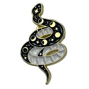 Celestial Black White & Gold Twisted Spiral Snake w/ Moons Enamel Pin Brooch